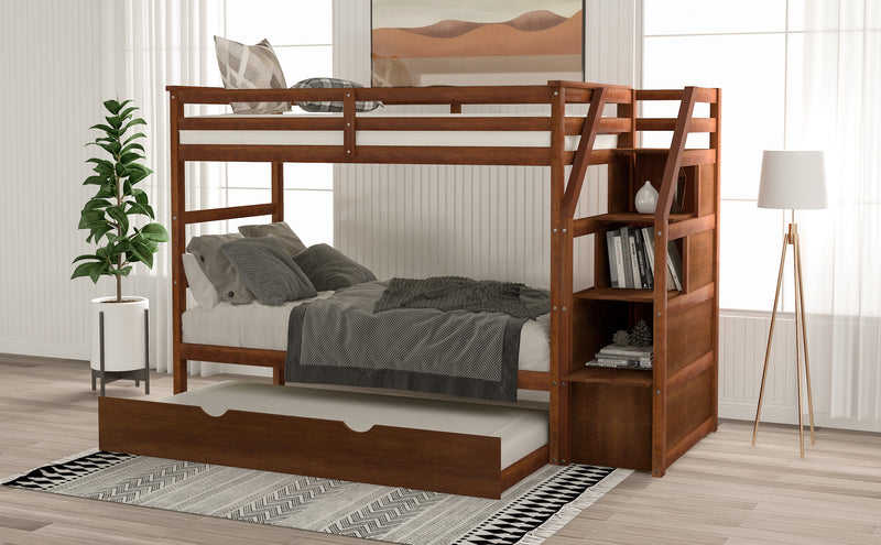 Twin-Over-Twin Bunk Bed with Twin Size Trundle and 3 Storage Stairs,Walnut (OLD SKU :LP000064AAD)