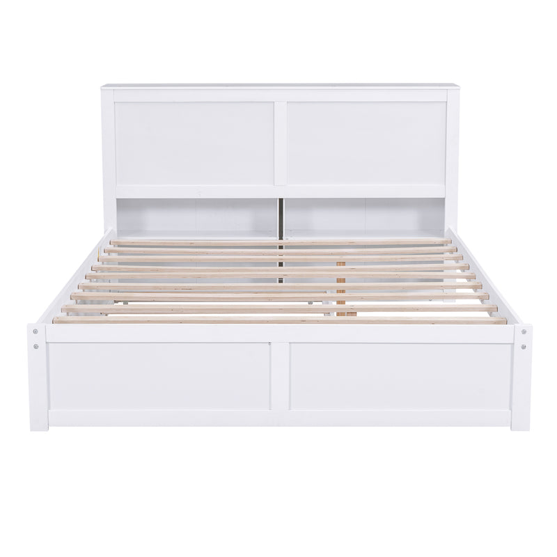 Queen Size Storage Platform Bed with Pull Out Shelves and Twin  XL Size Trundle, White