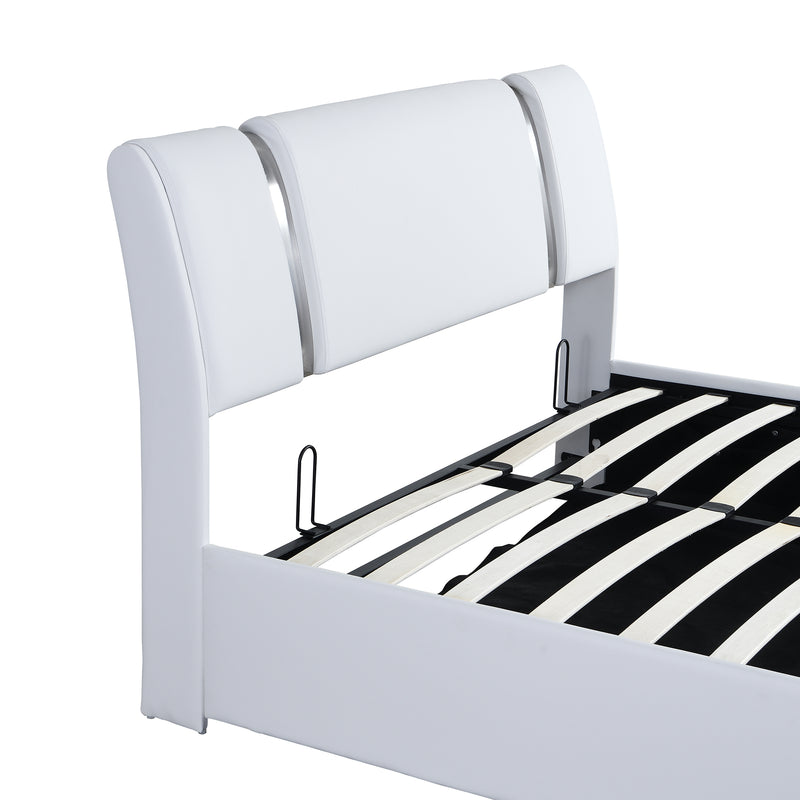 Queen Size Upholstered Faux Leather Platform bed with a Hydraulic Storage System, White