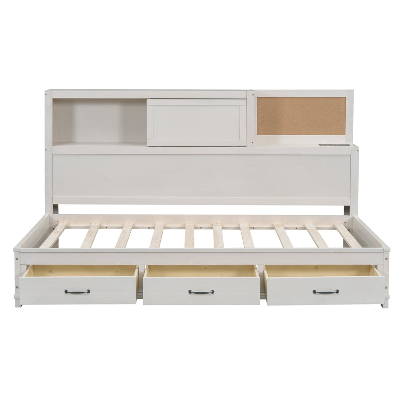 Twin Size Wooden Daybed with 3 Storage Drawers, Upper Soft Board, shelf, and a set of Sockets and USB Ports, White