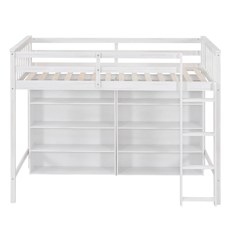 Twin Size Loft Bed with 8 Open Storage Shelves and Built-in Ladder, White