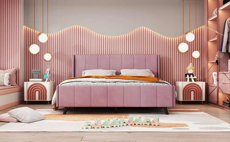 Queen Size Upholstered Platform Bed, Velvet, Pink