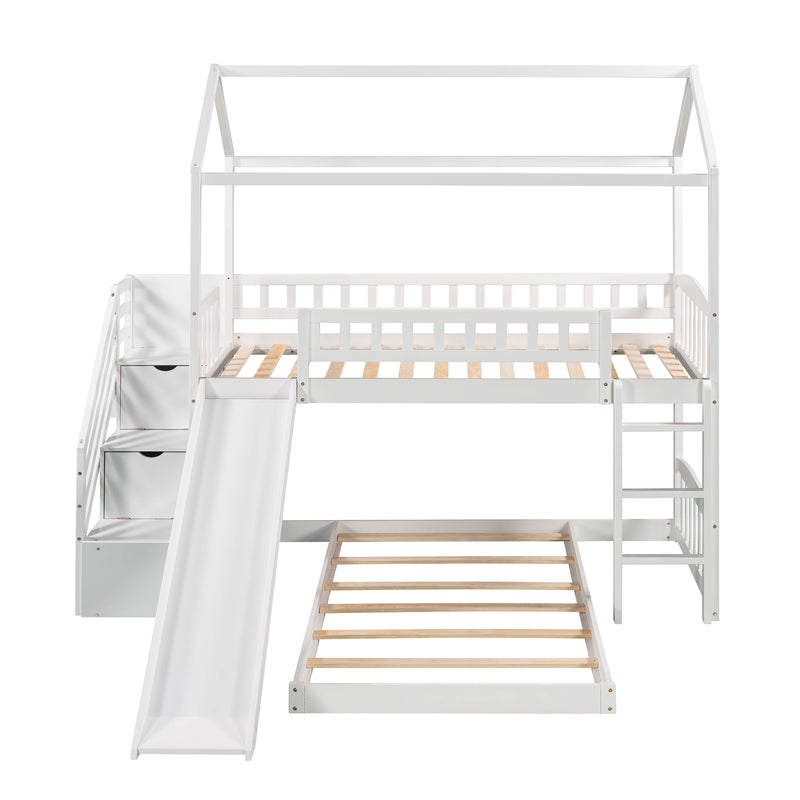 Twin Over Twin Bunk Bed with Two Drawers and Slide, House Bed with Slide, White(OLD SKU :LP000129AAK)