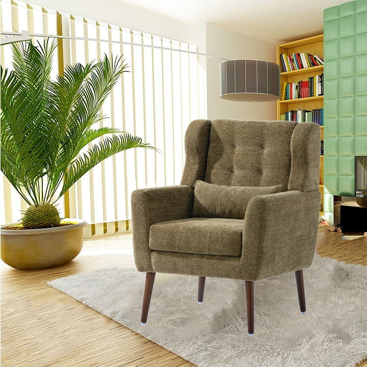 Modern Accent Chair, Chenille Arm Chairs For Living Room, Upholstered Mordern Armchair, Comfy Soft Padded Lounge Chair In Small Space, Bedroom, With Pillow, Solid Wood Leg