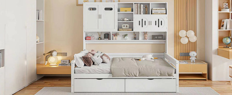 Wooden Daybed With 2 Drawers, And All-In-One Cabinet And Shelf