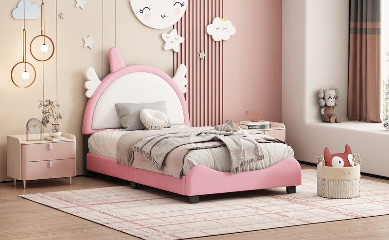 Cute Twin size Upholstered Bed With Unicorn Shape Headboard,Twin Size Platform Bed with Headboard and Footboard,White+Pink