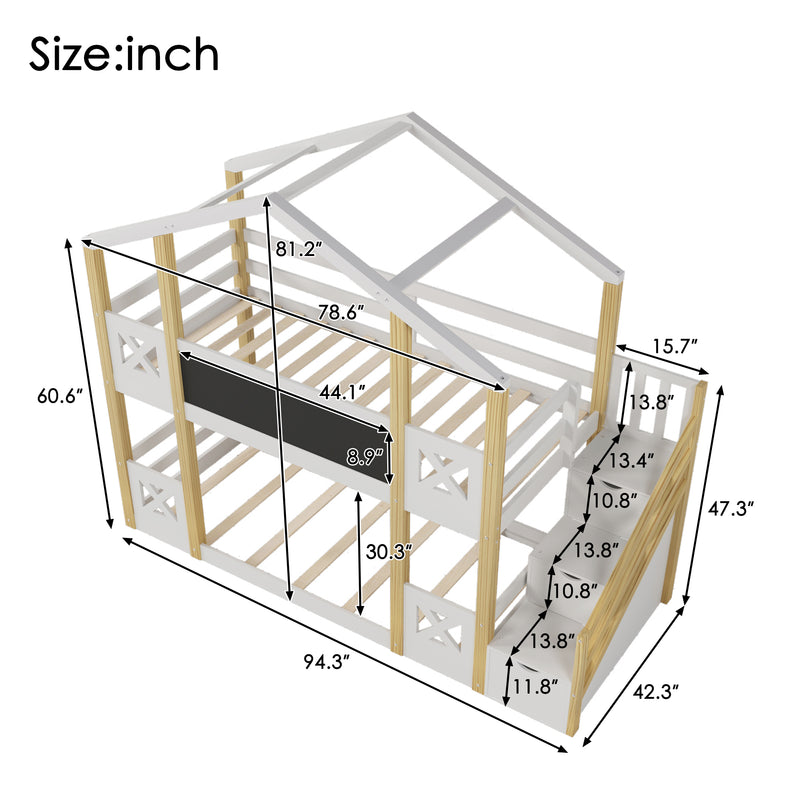 Twin over Twin House Bunk Bed with White Storage Staircase and Blackboards, White