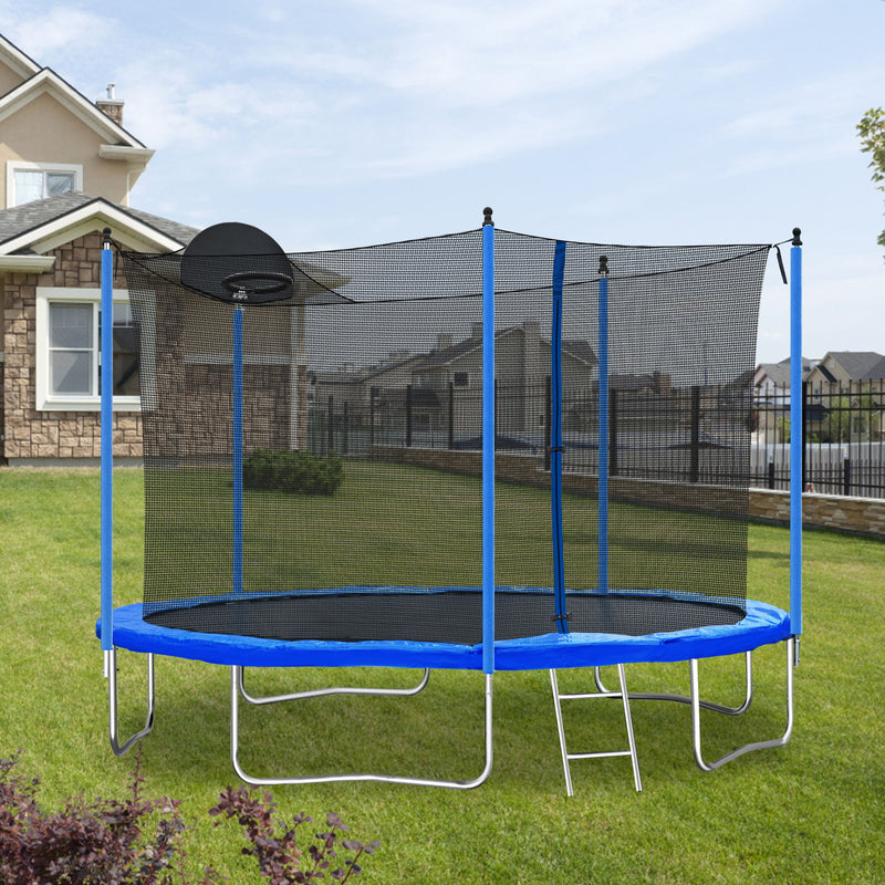 12Ft Trampoline For Adults & Kids With Basketball Hoop, Outdoor Trampolines With Ladder And Safety Enclosure Net For Kids And Adults - Blue