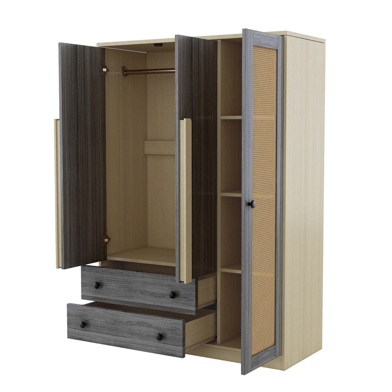 3 Doors Rattan Wardrobe Storage For Bedroom, With 2 Drawers