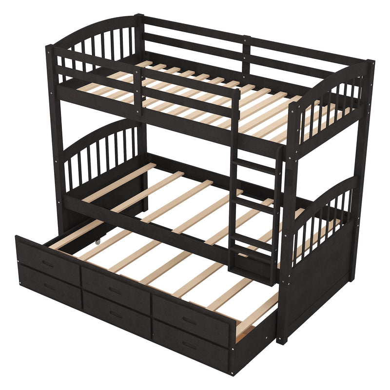 Twin over Twin Wood Bunk Bed with Trundle and Drawers, Espresso