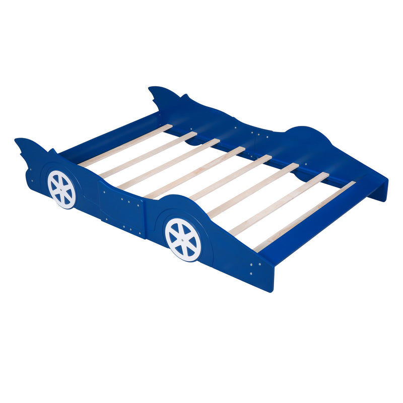 Full Size Race Car-Shaped Platform Bed With Wheels - Blue