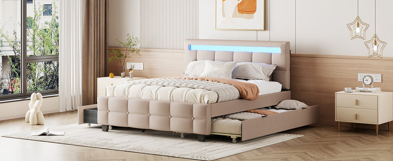 Queen Size Upholstered Platform Bed with LED Frame, with Twin XL Size Trundle and 2 drawers, Linen Fabric, Beige