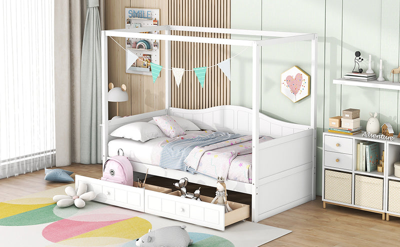 Twin Size Canopy Day Bed with 2 Drawers, White