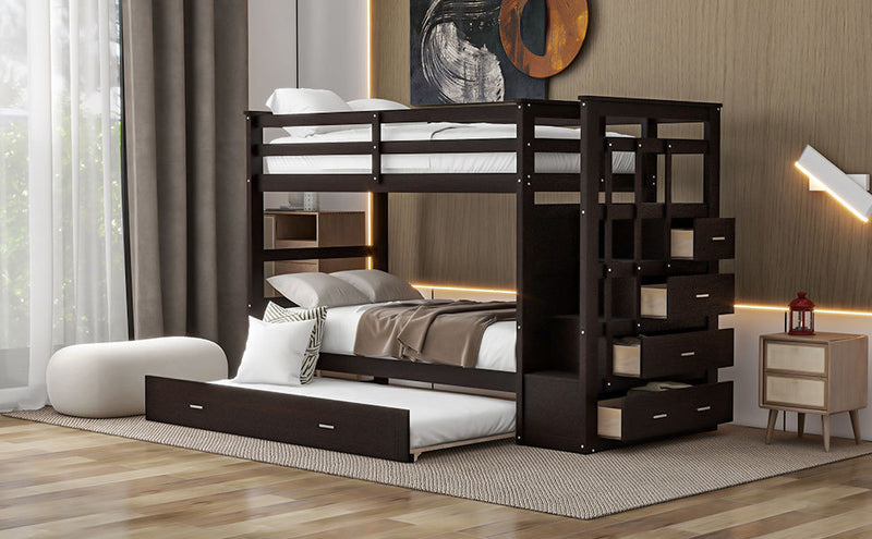 Twin Over Twin Bunk Bed with Trundle and Staircase,Espresso(OLD SKU:LT000068AAP)