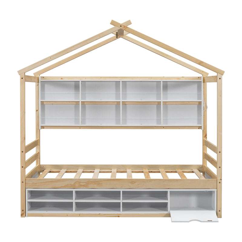 House Bed With Roof Frame, Bedside-Shelves, Under Bed Storage Unit