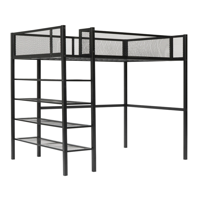 Twin Size Metal Loft Bed with 4-Tier Shelves and Storage, Black