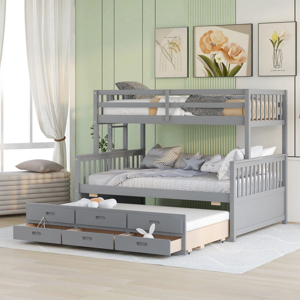 Twin-Over-Full Bunk Bed with Twin size Trundle , Separable Bunk Bed with Drawers for Bedroom - Gray