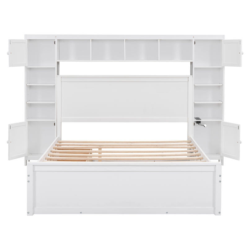 Queen Size Wooden Bed With All-in-One Cabinet, Shelf and Sockets, White