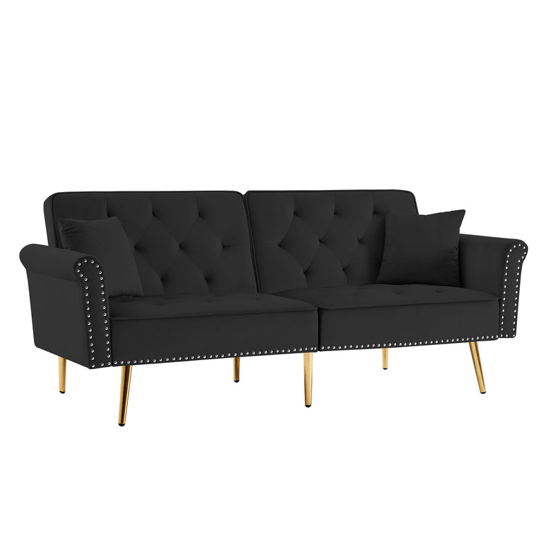 Velvet Tufted Sofa Couch With 2 Pillows And Nailhead Trim