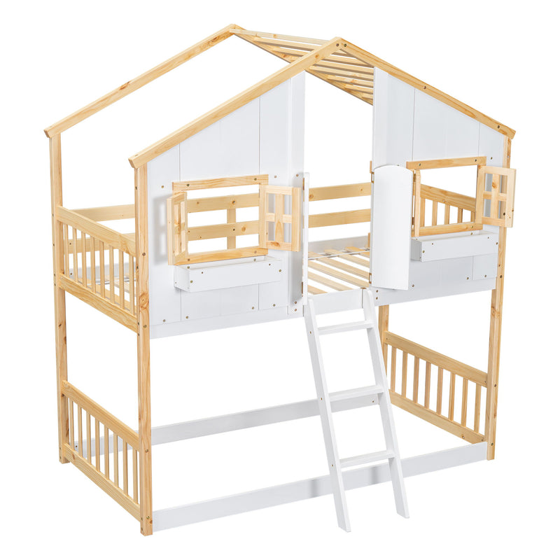 House Bunk Bed With Roof, Window, Window Box, Door, With Safety Guardrails And Ladder