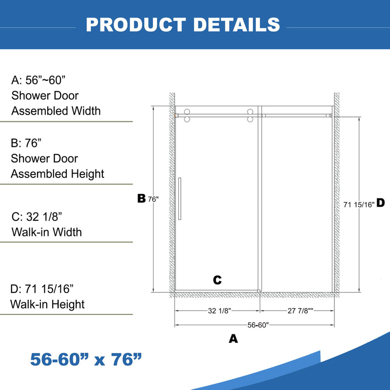 Frameless Shower Door, Sliding Shower Door, With Premium Thick Tempered Glass Shower Enclosure, Double Side Easy Clean Coat, Finished With Buffer - Chrome