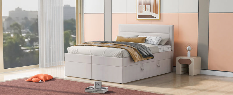 Queen Size Upholstered Platform Bed with Storage Underneath, Beige