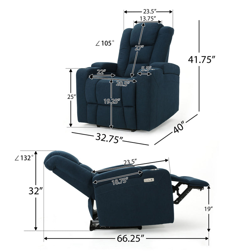 Wide - Power Standard Recliner Chair With Arm Storage With USB - Navy Blue