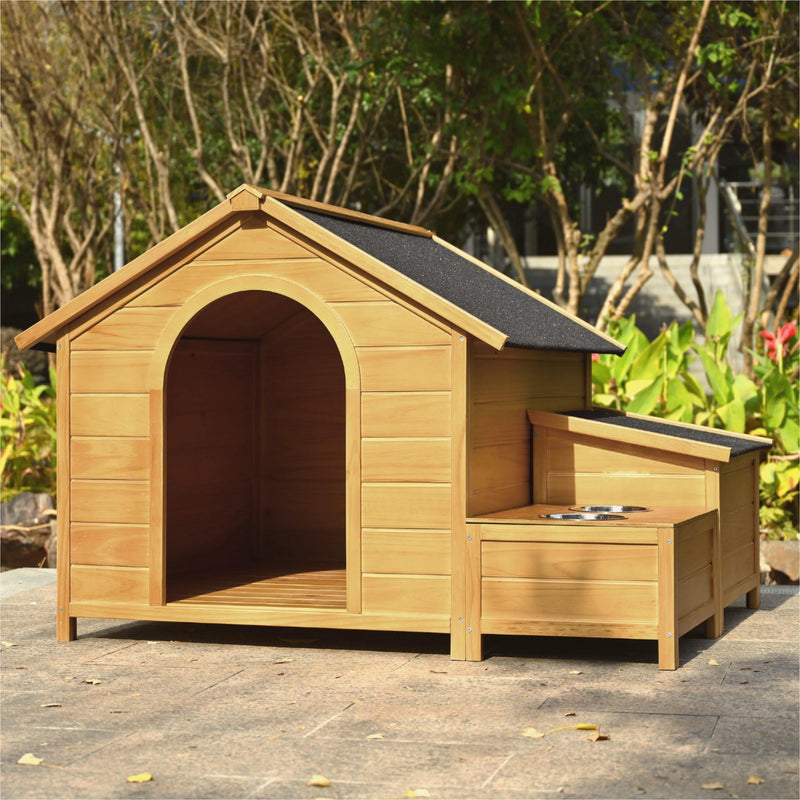 Large Size Wooden Dog House, Dog Crate For Large Dog Breeds, Cabin Style Raised Dog Shelter With Asphalt Roof, Solid Wood, Weatherproof - Nature