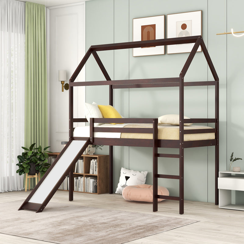 Twin Loft Bed with Slide, House Bed with Slide,Gray(OLD SKU :WF286245AAP)