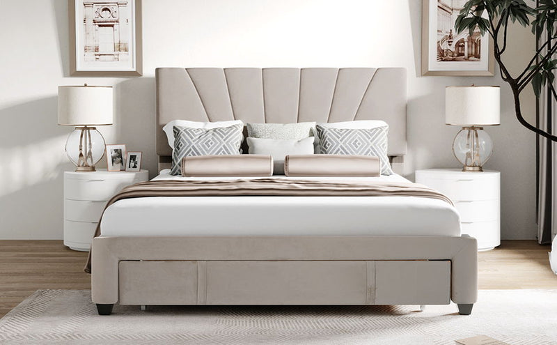 Storage Bed Velvet Upholstered Platform Bed With A Big Drawer