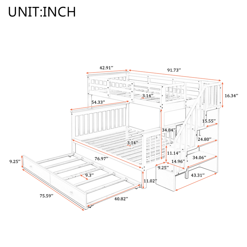 Stairway Twin-Over-Full Bunk Bed with Twin size Trundle, Storage and Guard Rail for Bedroom, Dorm, for Adults, Gray(OLD SKU :LT000119AAE)