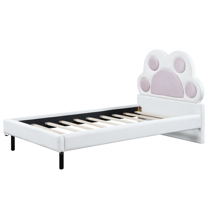 Twin Size Upholstered Platform Bed with Animal Paw Shaped Headboard and LED, Pink