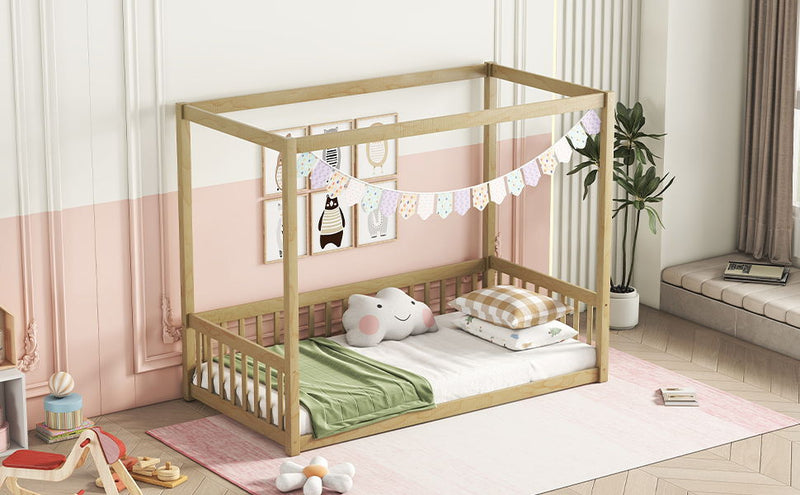 Canopy Frame Floor Bed With Fence, Guardrails