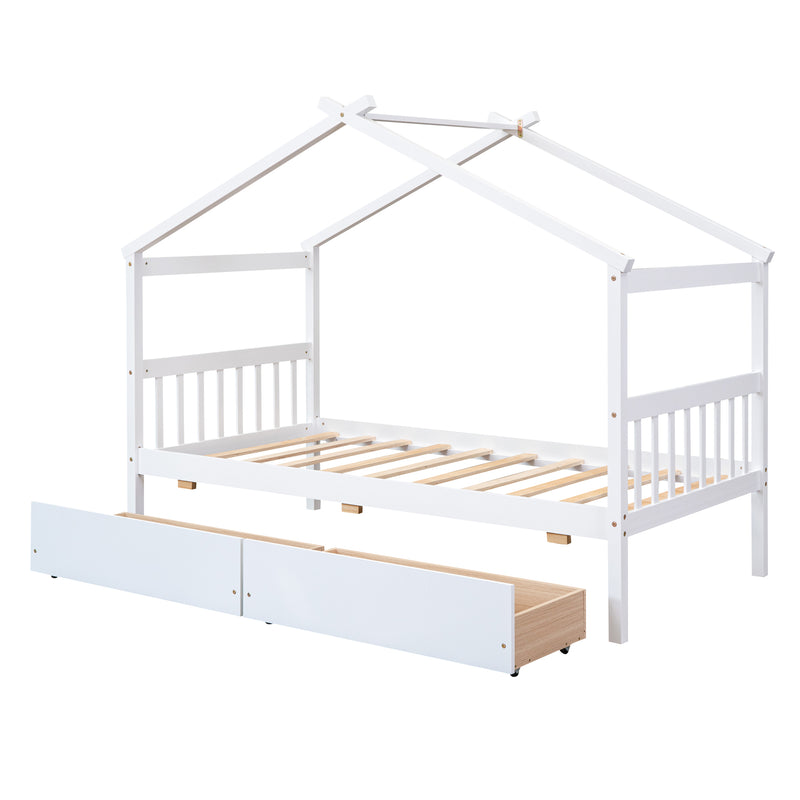 Twin Size Wooden House Bed with Drawers, White