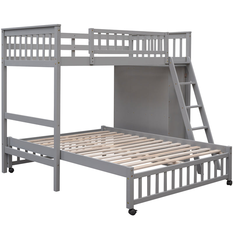 Wooden Twin Over Full Bunk Bed With Six Drawers And Flexible Shelves,Bottom Bed With Wheels,Gray(OLD SKU:LP000531AAE)