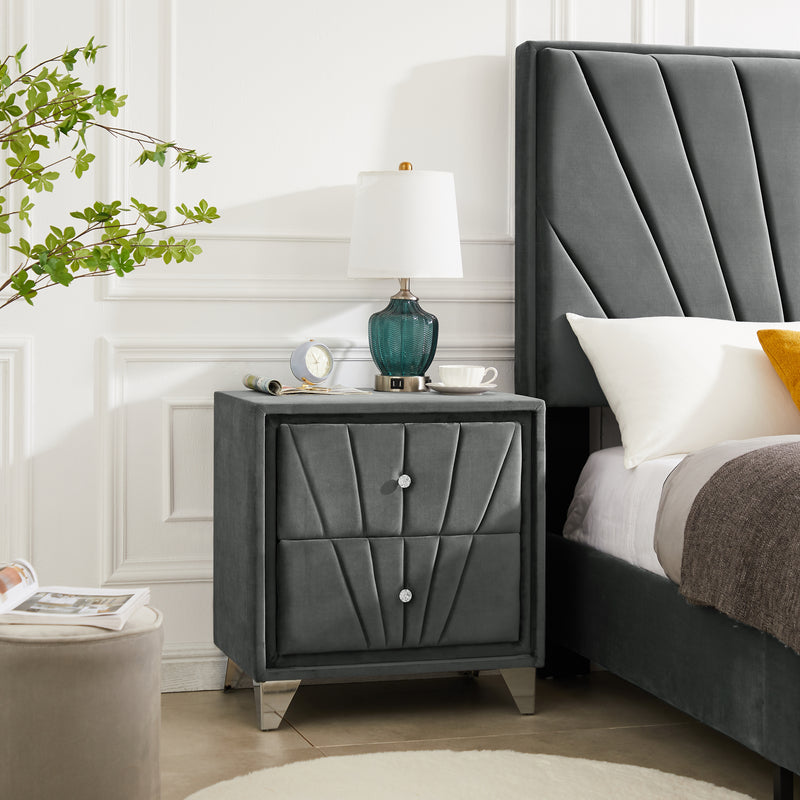 B108 Full bed with two nightstands, Beautiful line stripe cushion headboard , strong wooden slats + metal legs with Electroplate