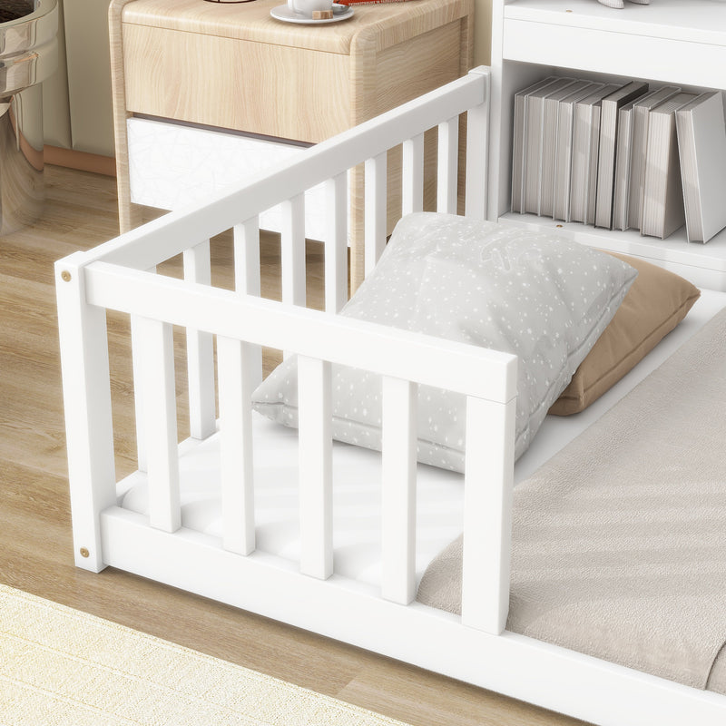 Twin Floor Bed with  Bedside Bookcase,Shelves,Guardrails,White