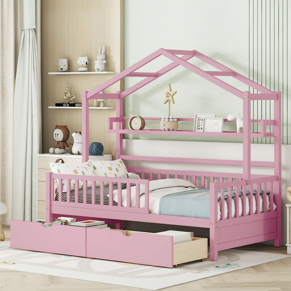 Wooden Twin Size House Bed with 2 Drawers,Kids Bed with Storage Shelf, Pink