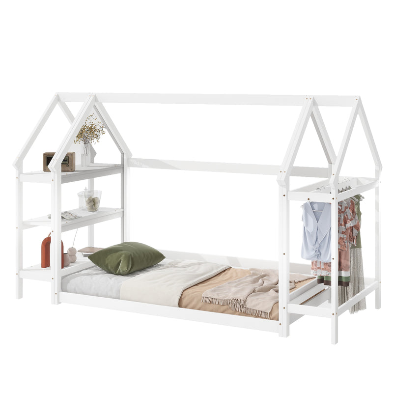 Twin size wood house bed with storage shelf and hanger ,kids bedroom set,White