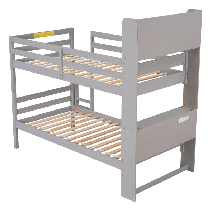 Twin Over Twin Bunk Beds with Bookcase Headboard, Solid Wood Bed Frame with Safety Rail and Ladder, Kids/Teens Bedroom, Guest Room Furniture, Can Be converted into 2 Beds, Grey