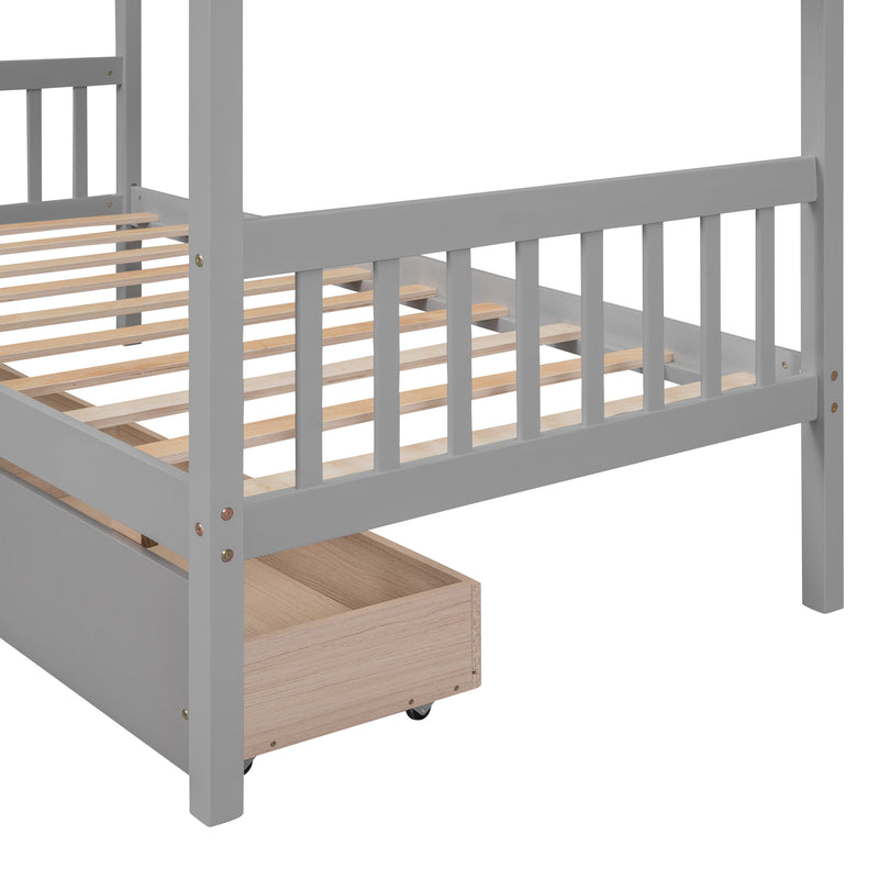 Twin Size Wooden House Bed with Drawers, Gray