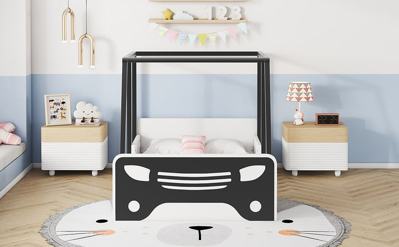 Twin Size Car-shaped Bed with Roof,Wooden Twin Floor Bed with wheels and door Design,Montessori Inspired Bedroom,Black