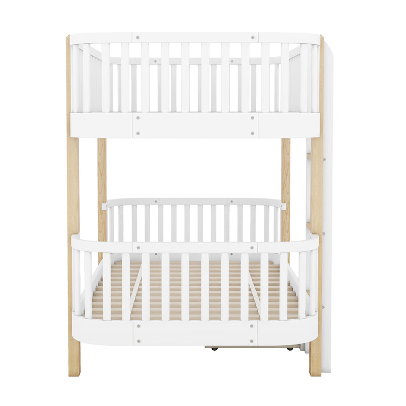 Wood Twin over Twin Bunk Bed with Fence Guardrail and a Big Drawer, White