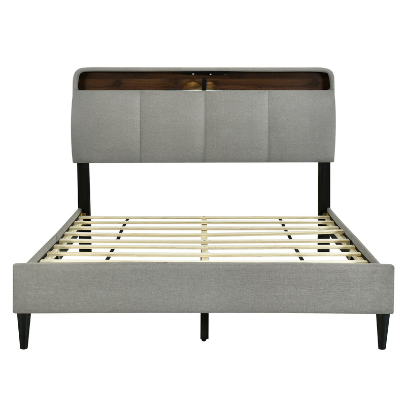 Queen size Upholstered Platform Bed with Storage Headboard, Sensor Light and a set of Sockets and USB Ports, Linen Fabric, Gray