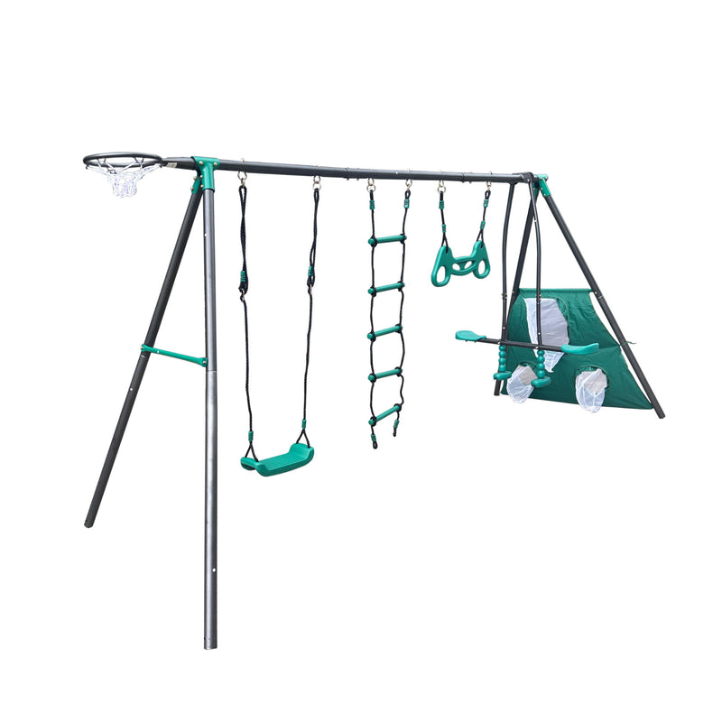 Interesting Four Function Swingset With Face To Face Metal Plastic Safe Swing Seat 550Lbs For Outdoor Playground For Age 3+ - Blackish Green