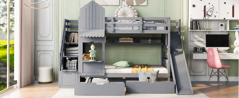 Twin-Over-Twin Castle Style Bunk Bed with 2 Drawers 3 Shelves and Slide - Gray