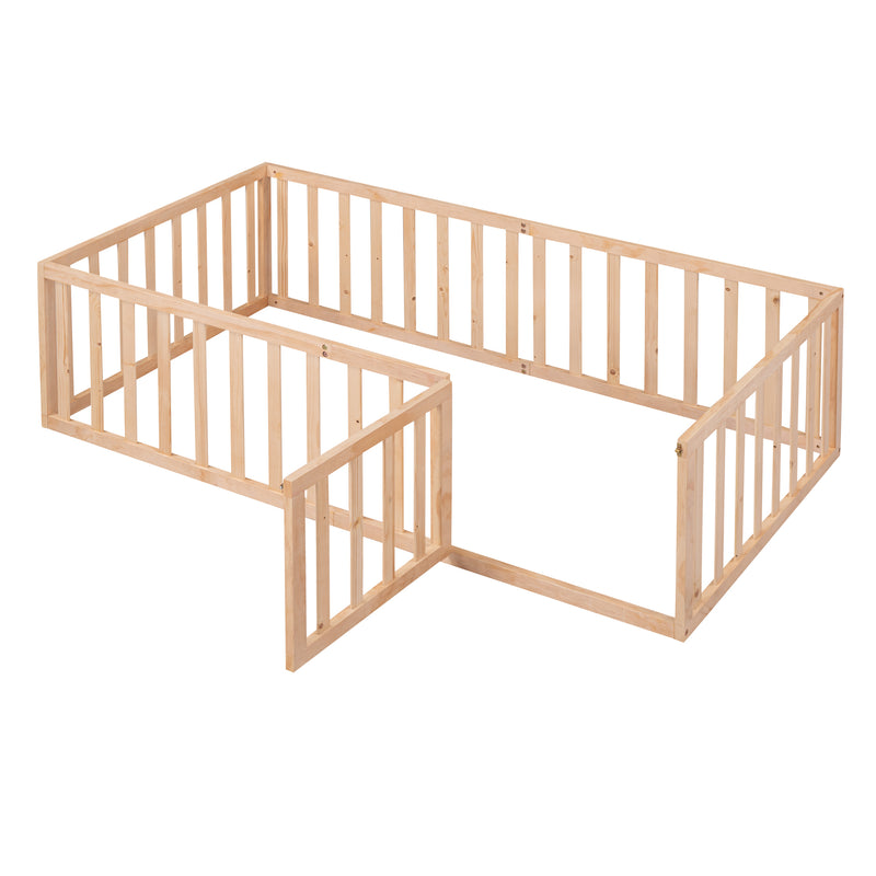 Twin Size Wood Floor Bed Frame with Fence and Door, Natural(OLD SKU :WF289661AAM)