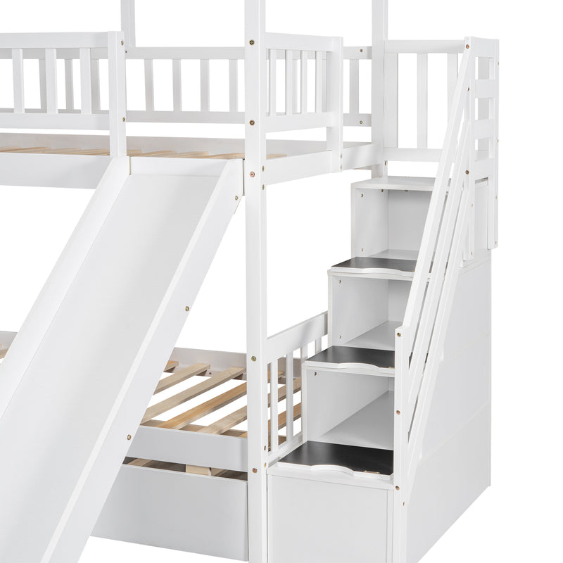 Twin over Twin House Bunk Bed with Trundle and Slide, Storage Staircase, Roof and Window Design, White(Old SKU: GX000931AAK)