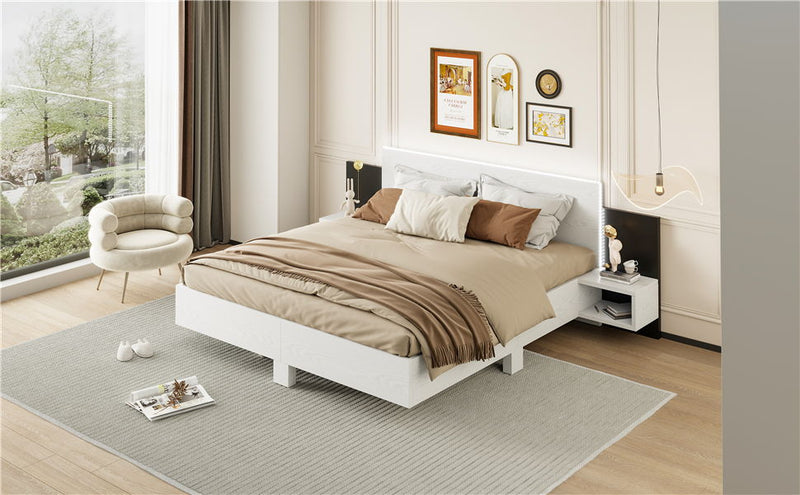 Floating Platform Bed, With LED Lights, Bedside Nightstand