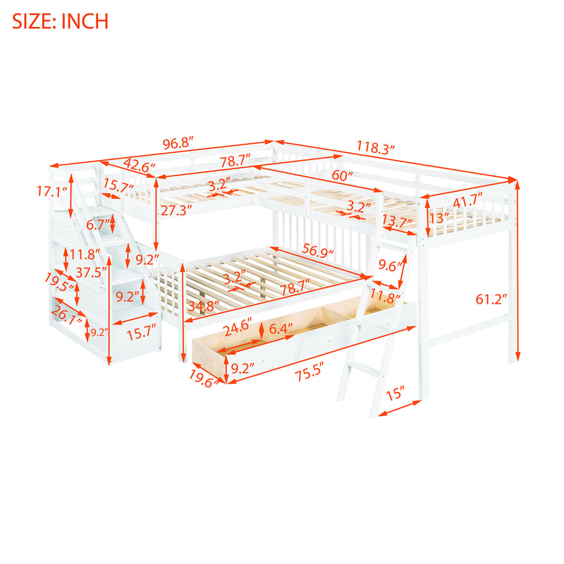 Twin over Full L-Shaped Bunk Bed With 3 Drawers, Ladder and Staircase - White